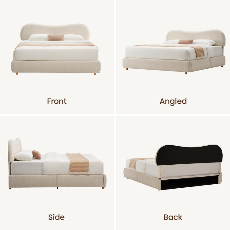 King Lift-Up Storage Bed Frame with Upholstered Headboard – Arcella, Beige