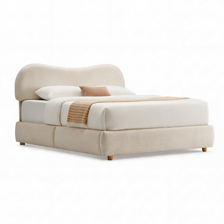 Queen Lift-Up Storage Bed Frame with Upholstered Headboard – Arcella, Beige