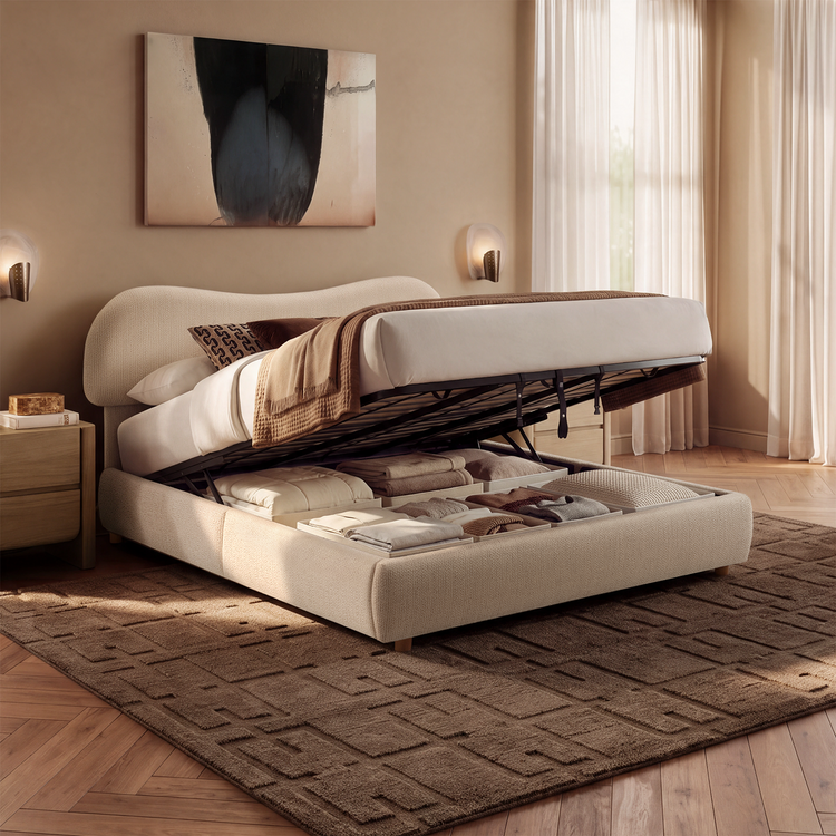 Queen Lift-Up Storage Bed Frame with Upholstered Headboard – Arcella, Beige