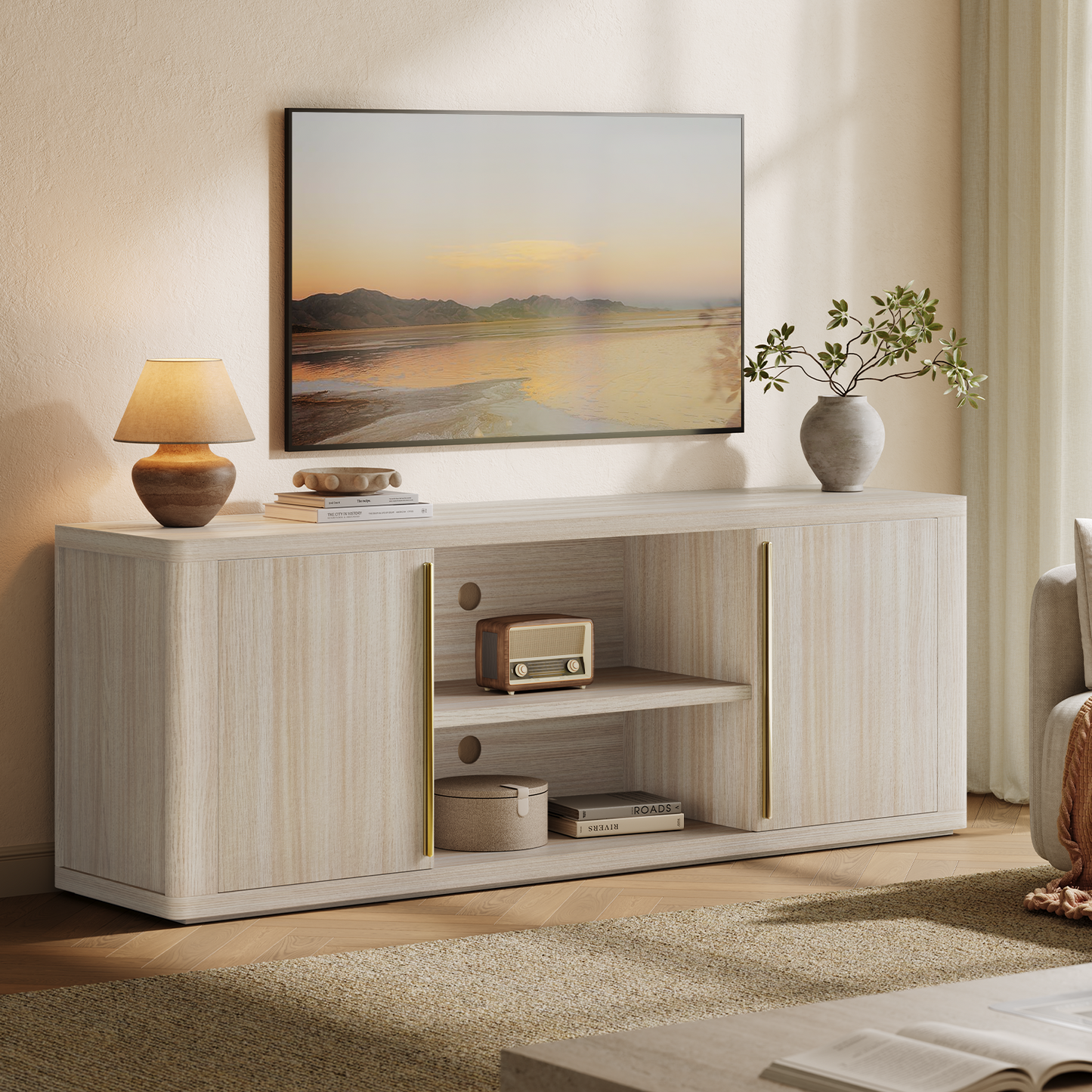 Arch 65" TV Stand with Cable Management, Beige Oak