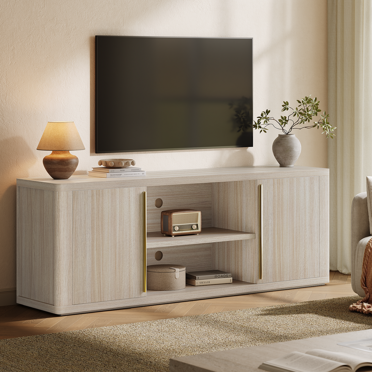 Arch 65" TV Stand with Cable Management, Beige Oak