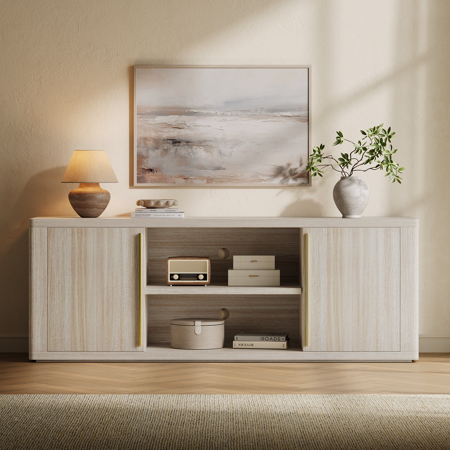Arch 65" TV Stand with Cable Management, Beige Oak