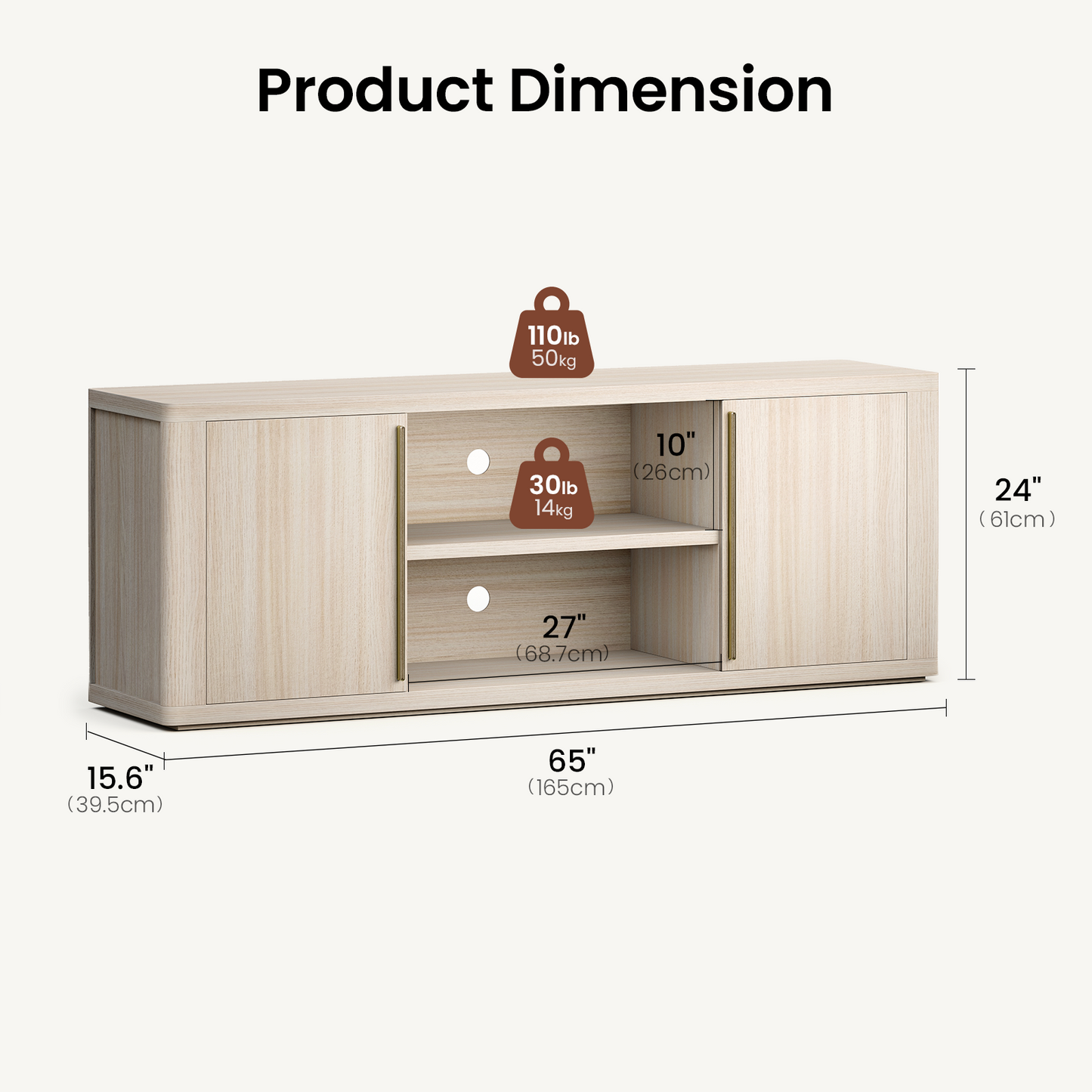 Arch 65" TV Stand with Cable Management, Beige Oak