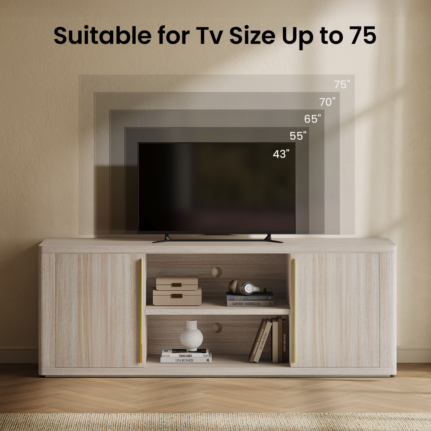Arch 65" TV Stand with Cable Management, Beige Oak