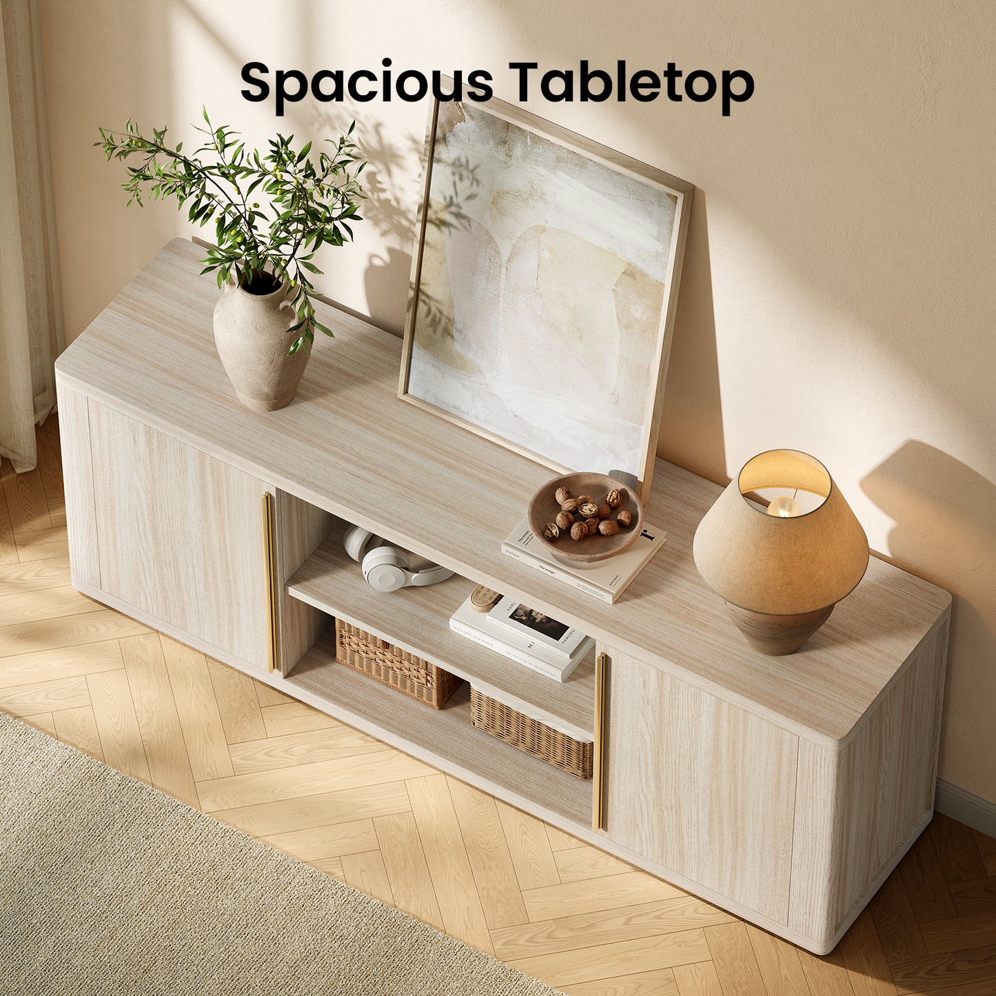 Arch 65" TV Stand with Cable Management, Beige Oak