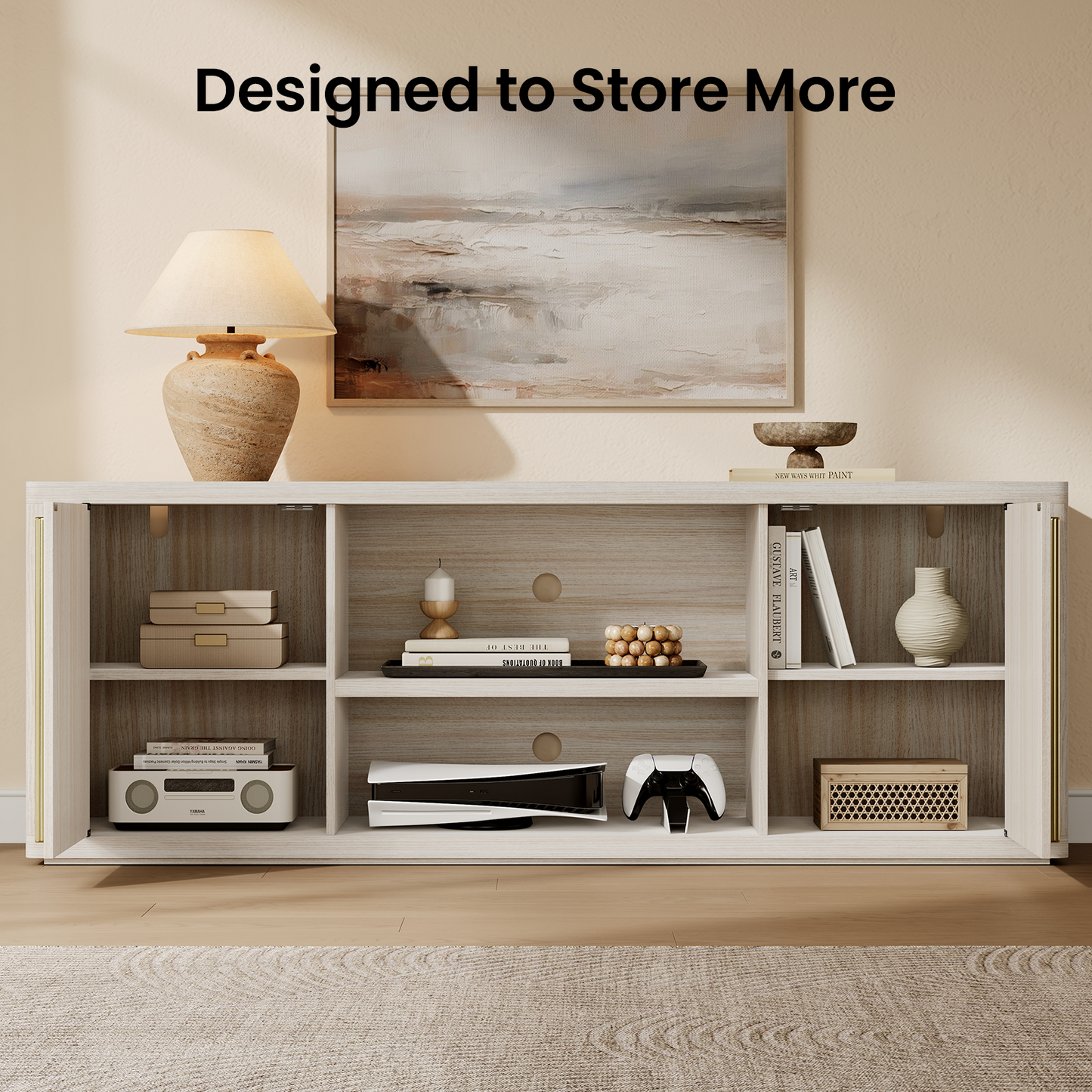 Arch 65" TV Stand with Cable Management, Beige Oak