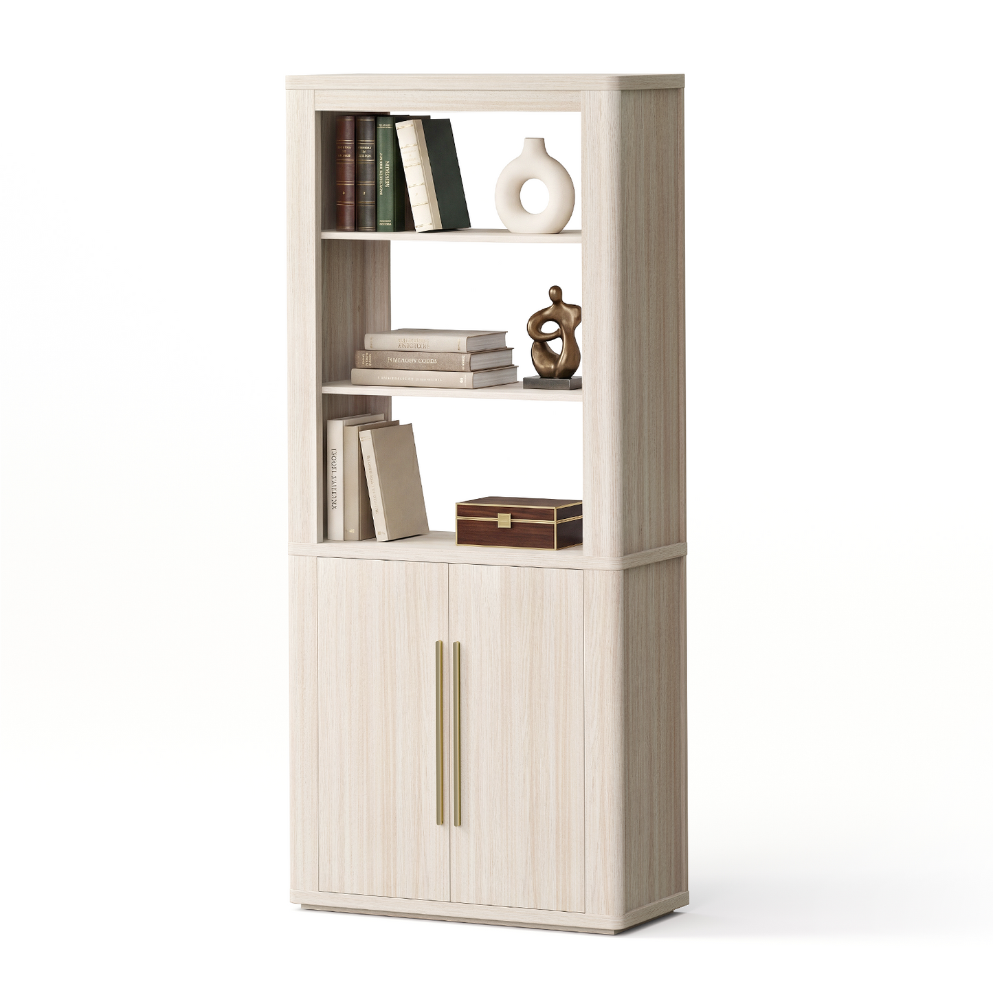 Arch 71" Bookcase with Open Shelves & Cabinet, Beige Oak