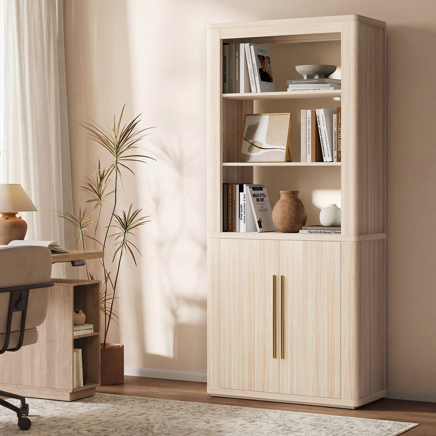 Arch 71" Bookcase with Open Shelves & Cabinet, Beige Oak