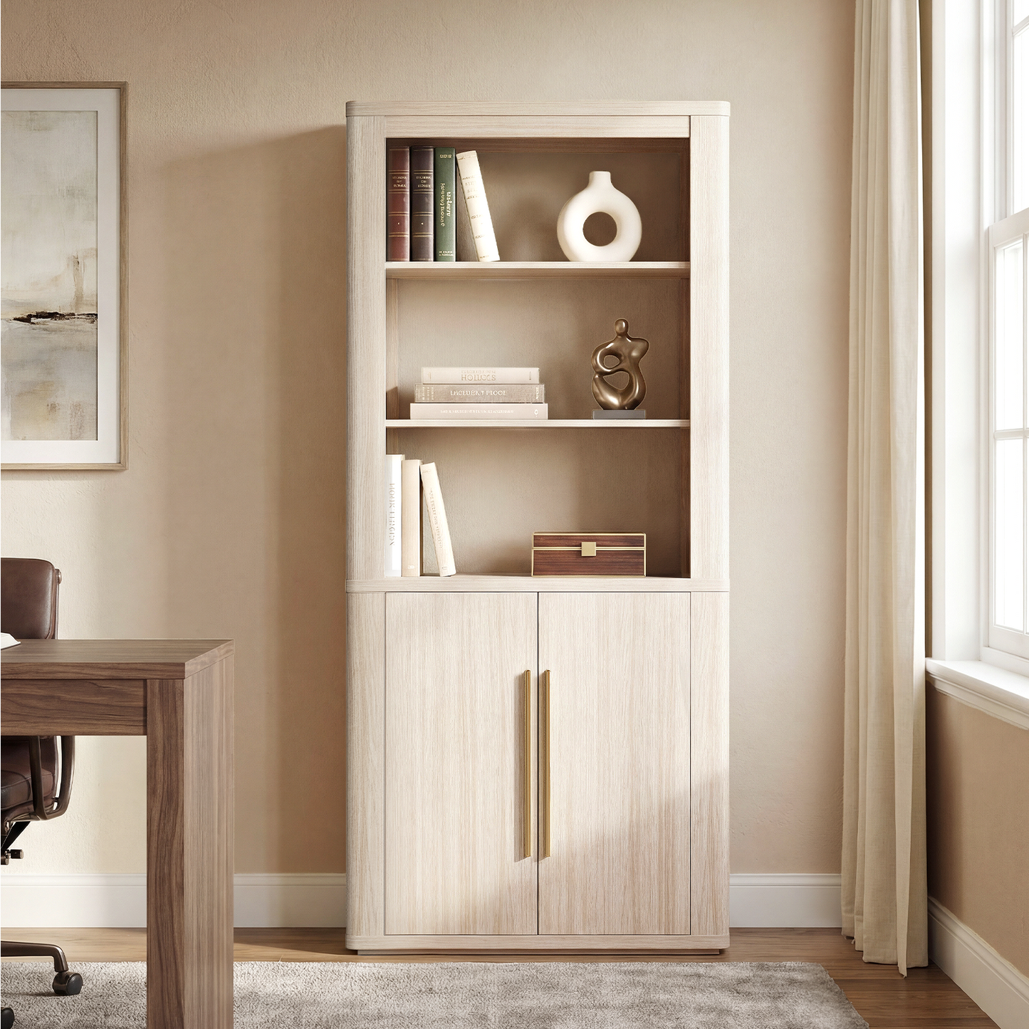 Arch 71" Bookcase with Open Shelves & Cabinet, Beige Oak