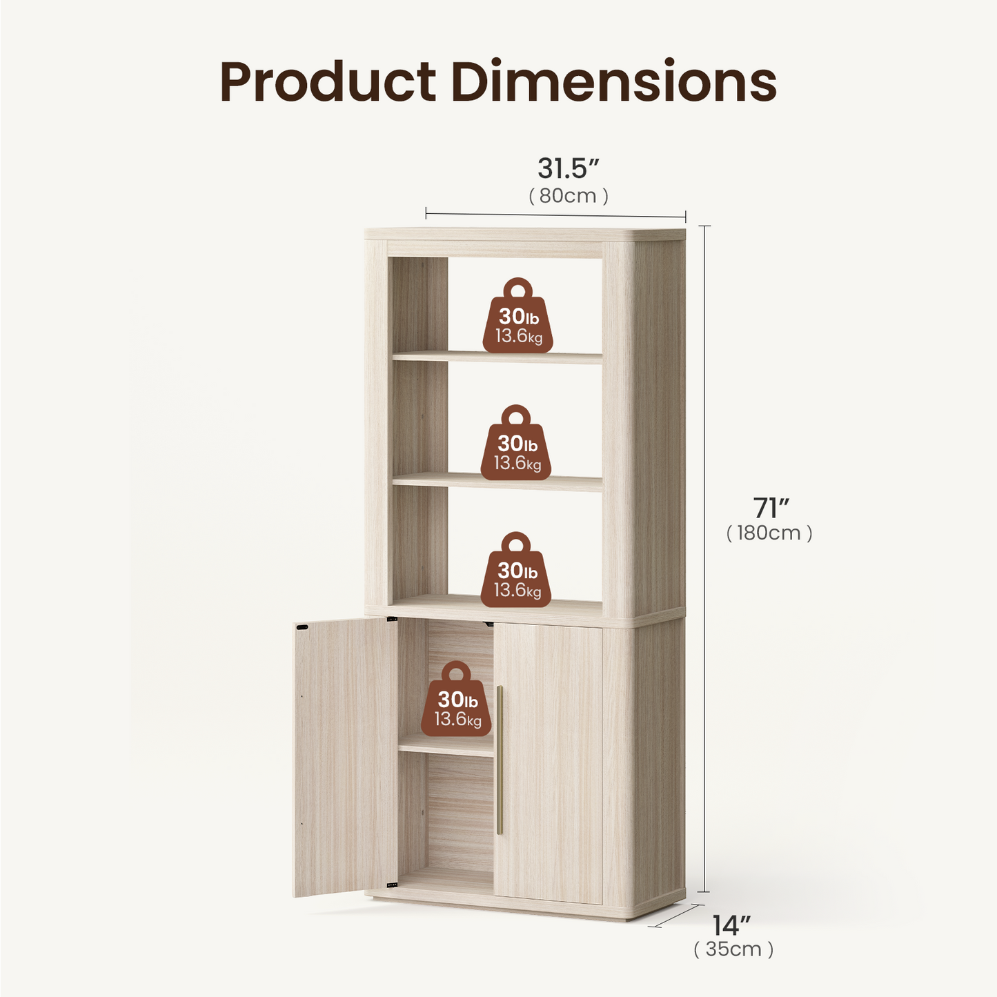 Arch 71" Bookcase with Open Shelves & Cabinet, Beige Oak