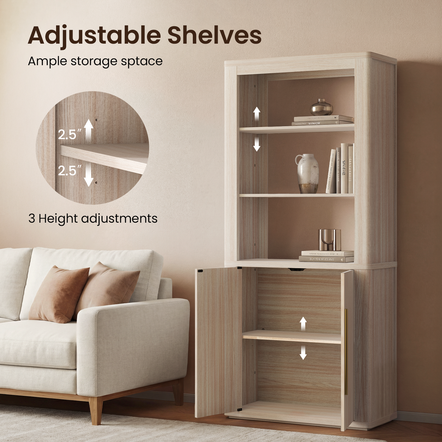 Arch 71" Bookcase with Open Shelves & Cabinet, Beige Oak
