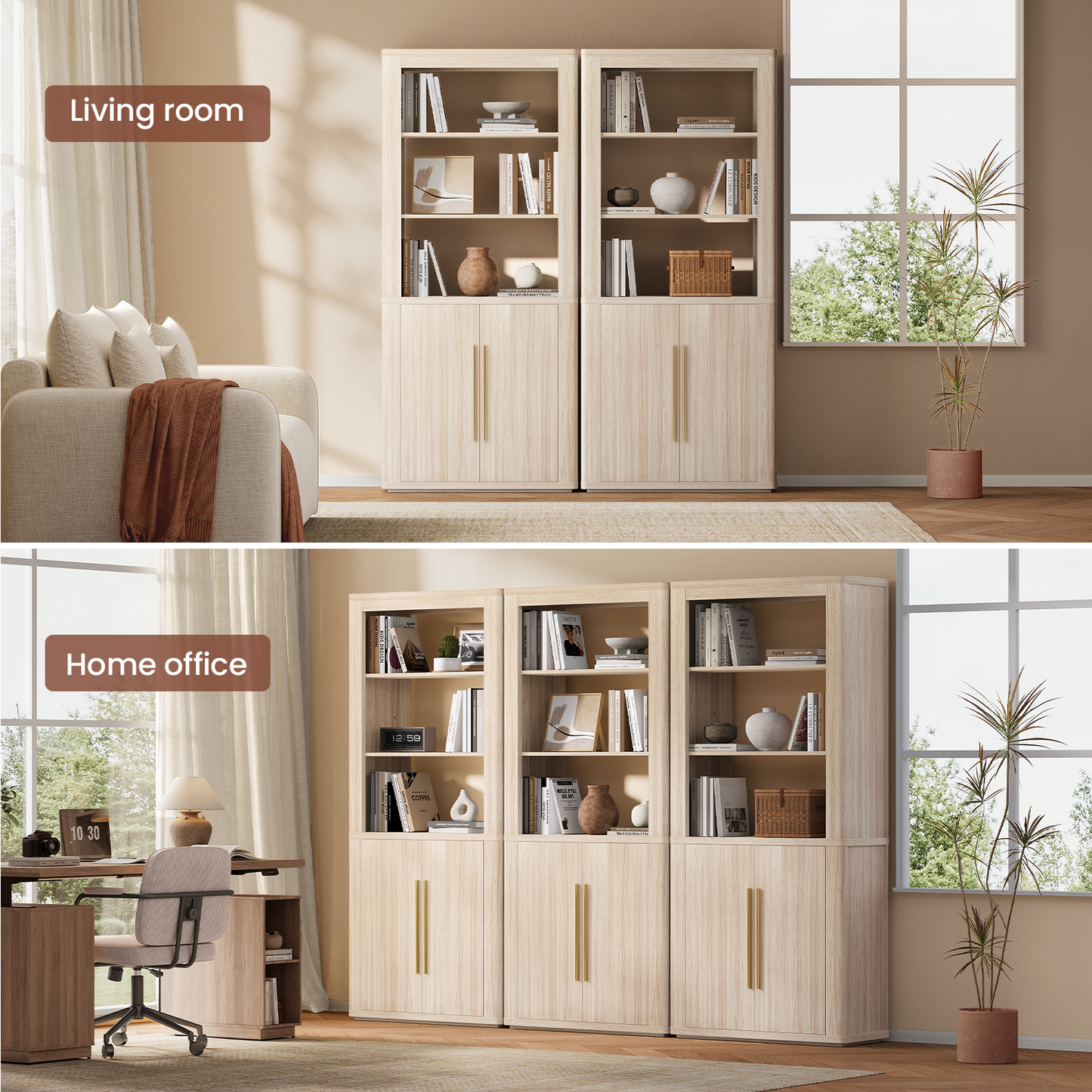 Arch 71" Bookcase with Open Shelves & Cabinet, Beige Oak