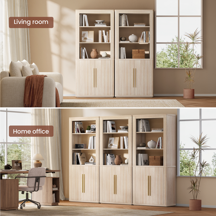 Arch 71" Bookcase with Open Shelves & Cabinet, Beige Oak