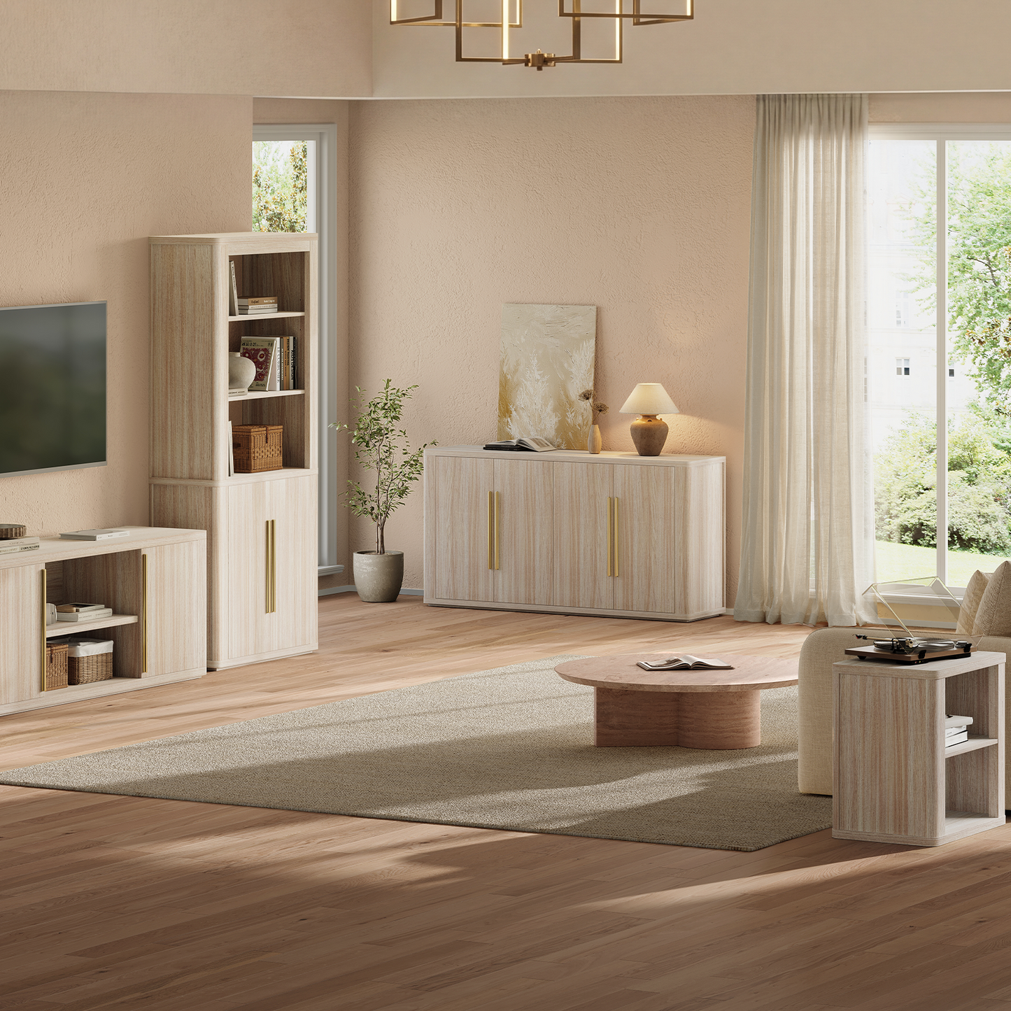 Arch 71" Bookcase with Open Shelves & Cabinet, Beige Oak