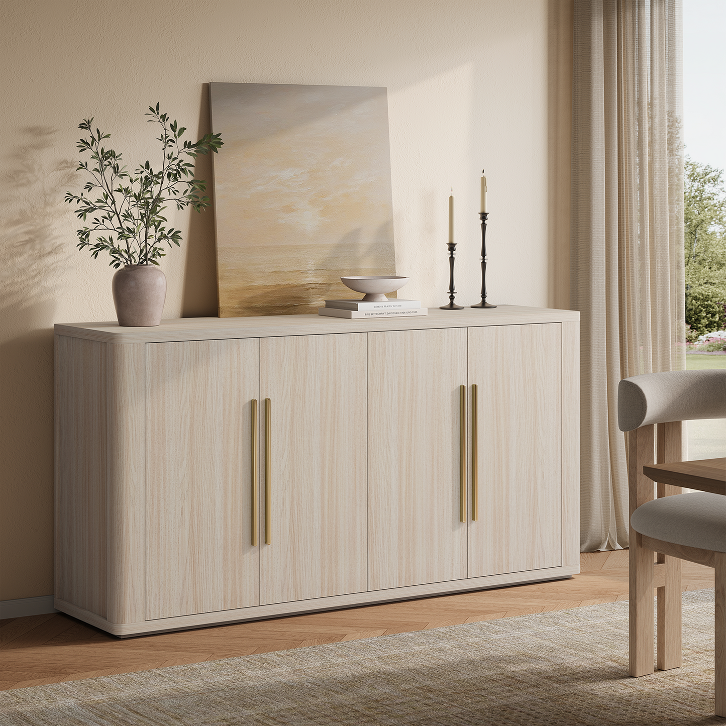 Arch 60" 4-Door Sideboard with Adjustable Shelf, Beige Oak