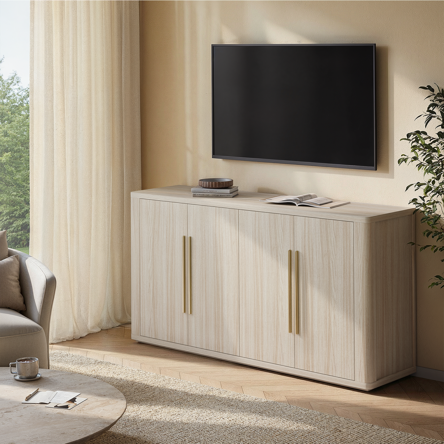 Arch 60" 4-Door Sideboard with Adjustable Shelf, Beige Oak