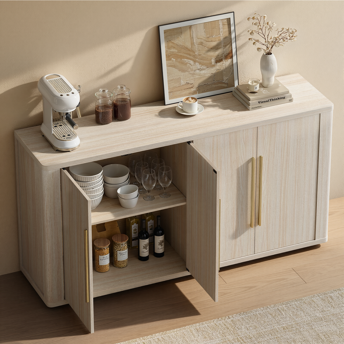 Arch 60" 4-Door Sideboard with Adjustable Shelf, Beige Oak