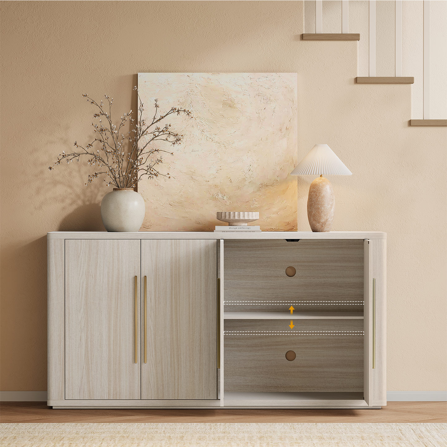 Arch 60" 4-Door Sideboard with Adjustable Shelf, Beige Oak