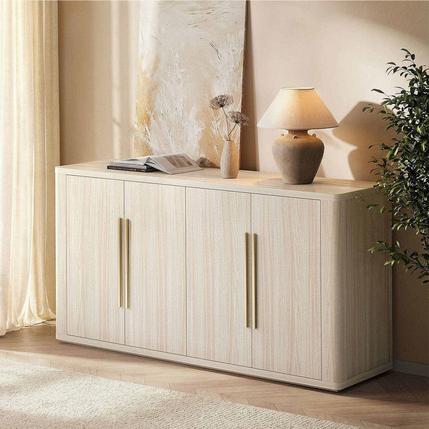 Arch 60" 4-Door Sideboard with Adjustable Shelf, Beige Oak