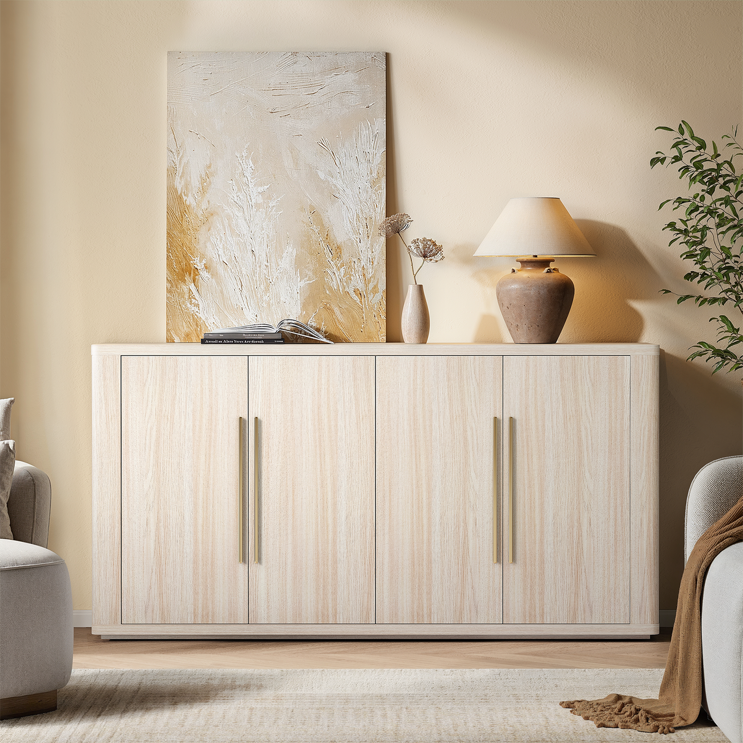 Arch 60" 4-Door Sideboard with Adjustable Shelf, Beige Oak