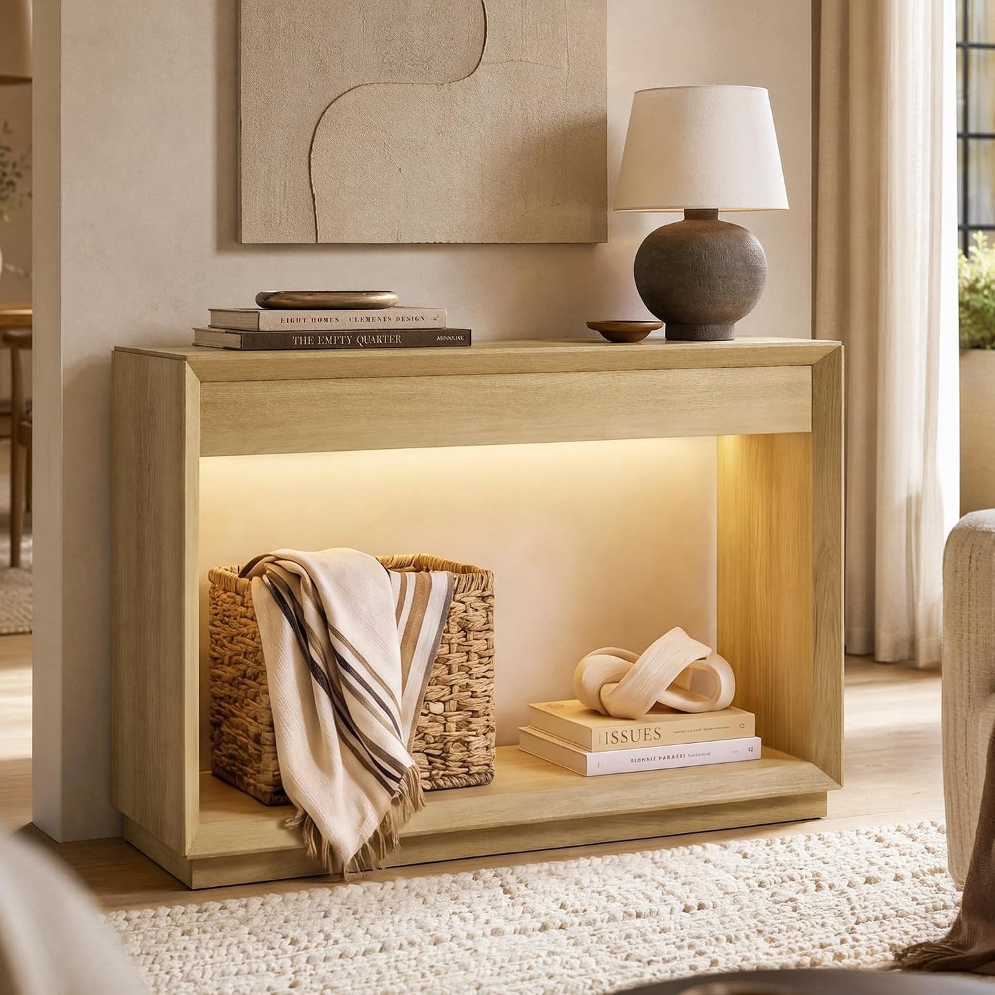 Arlo 48" Wood Console Table with LED Light ＆ Open Storage Shelf