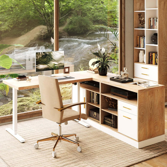 A home office with an L-shaped desk, monitor, chair, shelves, and drawers beside large windows overlooking a flowing stream and trees.