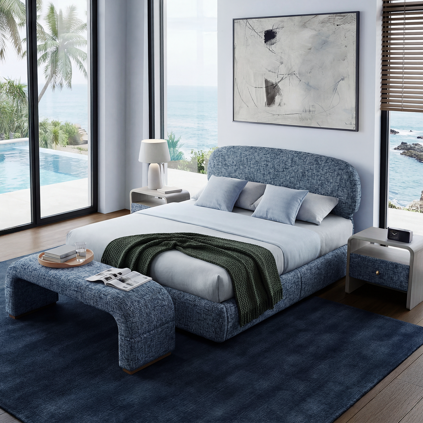 Dione 4-Piece Queen Storage Bedroom Set: Lift-Up Bed, 2 Nightstands & Bench, Harbor Depth Blue
