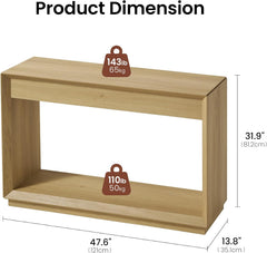 A measurement graphic shows a light wood open console table with a thick top, slab sides, and a lower shelf