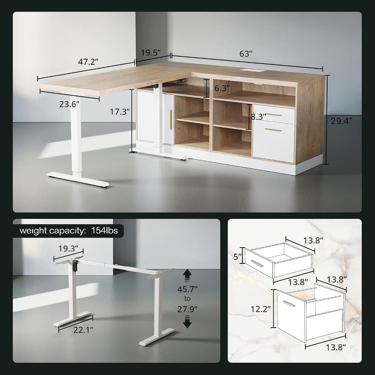 Composite product diagram showing an L-shaped desk with shelves and drawers, alongside illustrations of its adjustable frame and drawer dimensions.