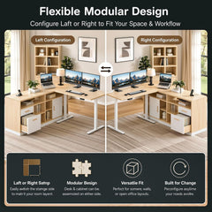 Side-by-side views show a modular L-shaped desk configured with the cabinet on the left and right, with a central arrow indicating the layouts can be reversed.