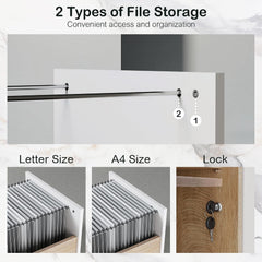 Diagram showing two hanging-file rail positions, examples labeled Letter Size and A4 Size, and a lock with two keys on a wood-grain drawer front.