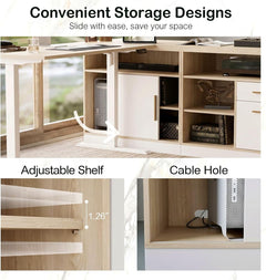 Diagram of a desk with storage cabinets, showing a sliding white door, open shelves, drawers, and close-ups of adjustable shelf positions and a cable hole behind a computer tower.