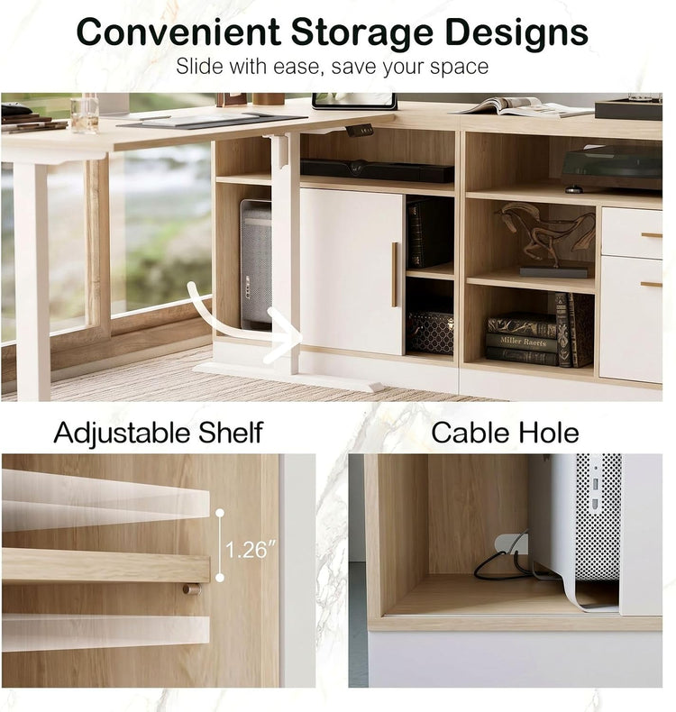 Diagram of a desk with storage cabinets, showing a sliding white door, open shelves, drawers, and close-ups of adjustable shelf positions and a cable hole behind a computer tower.