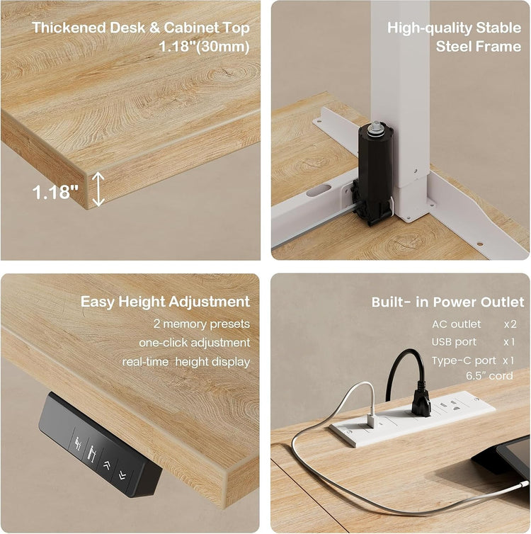 Four close-up panels show a wood-grain desktop edge, white support frame with a black mechanism, height adjustment buttons, and a recessed power strip with connected cables.