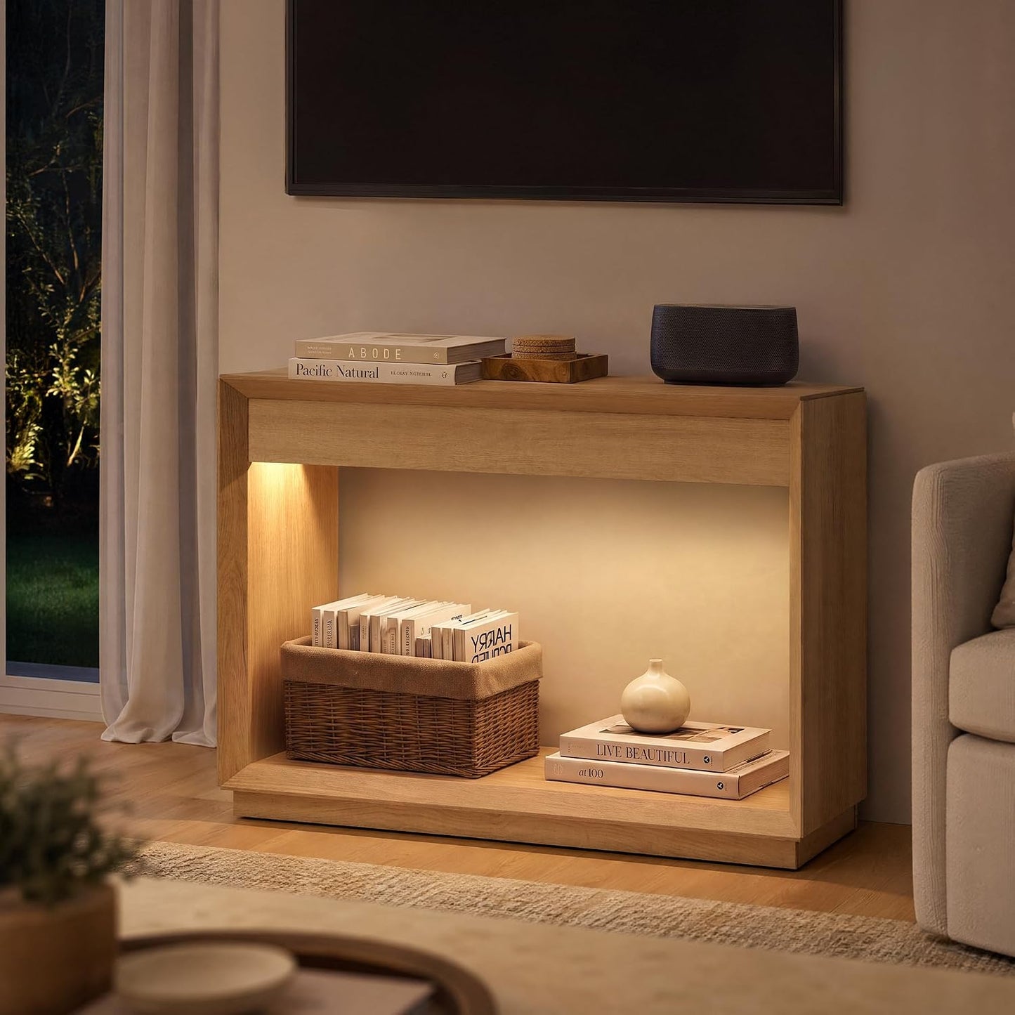 Arlo 48" Wood Console Table with LED Light ＆ Open Storage Shelf