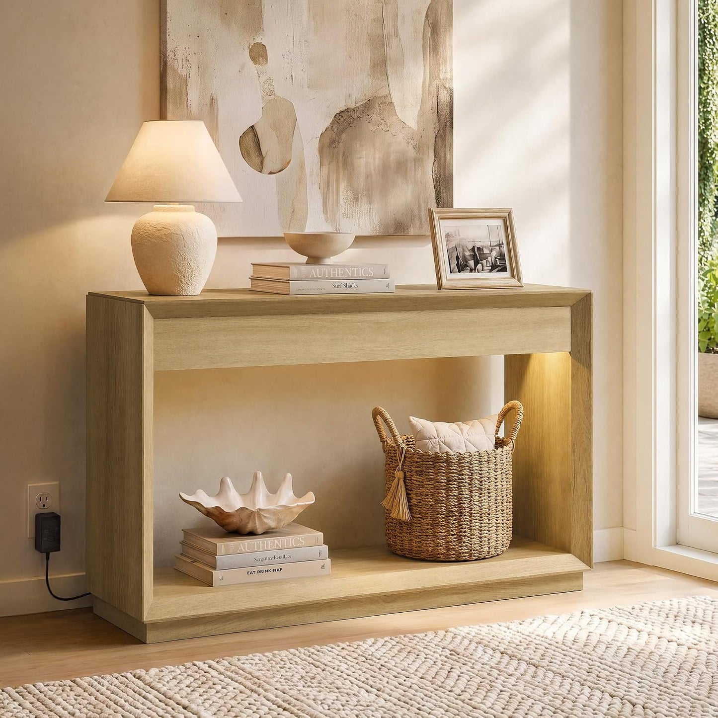 Arlo 48" Wood Console Table with LED Light ＆ Open Storage Shelf