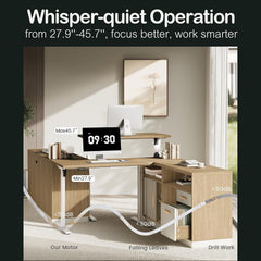 A height-adjustable wooden desk in a home office is labeled with a range of 27.9 to 45.7 inches and a noise comparison showing the motor, falling leaves, and drill work.