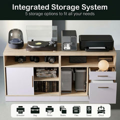 A light-wood storage unit displays cameras, books, a computer tower, printer, and other items in open shelves, cabinets, and drawers; a row of icons below labels storage options.