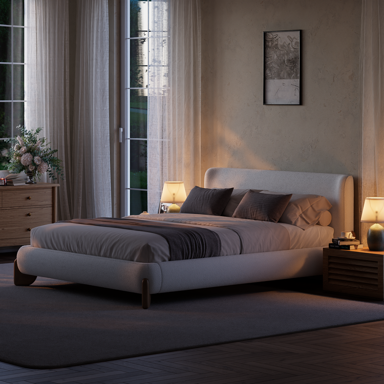 Solid Wood Leg Upholstered Bed, Queen Size Wingback Frame - Beige