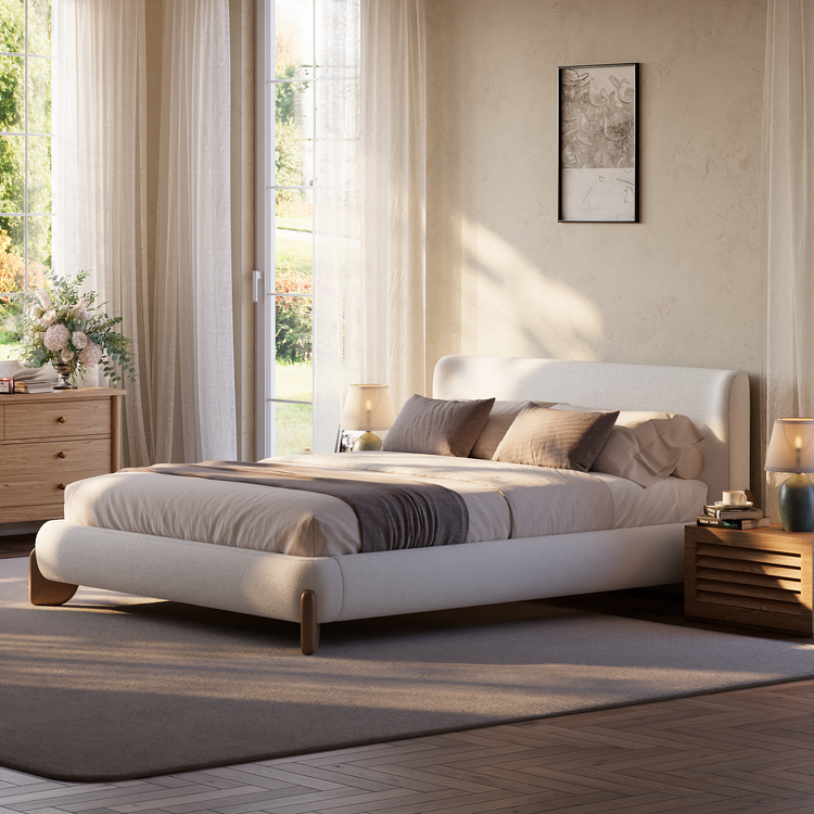 Solid Wood Leg Upholstered Bed, Queen Size Wingback Frame - Beige