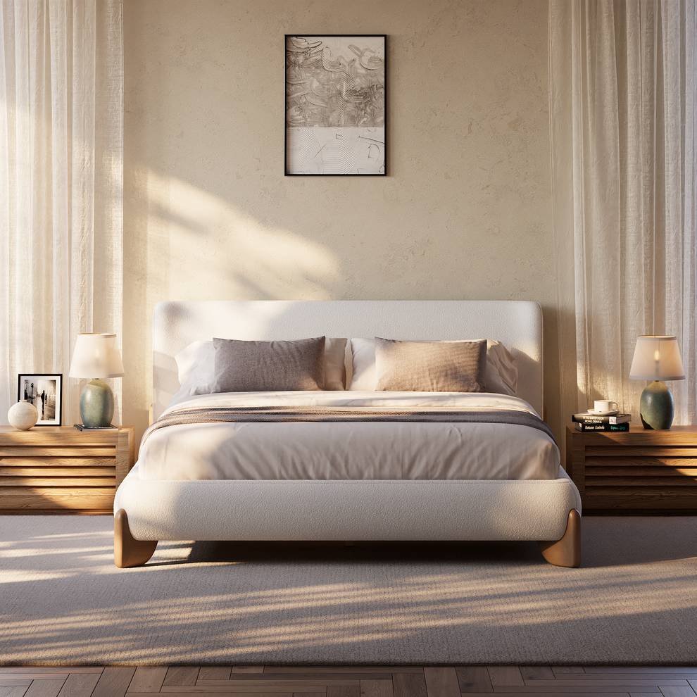 Solid Wood Leg Upholstered Bed, Queen Size Wingback Frame - Beige