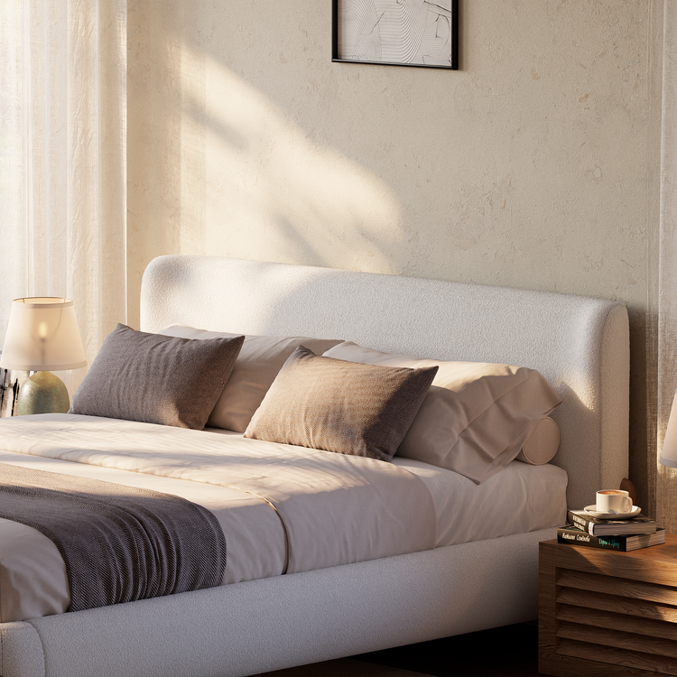 Solid Wood Leg Upholstered Bed, Queen Size Wingback Frame - Beige
