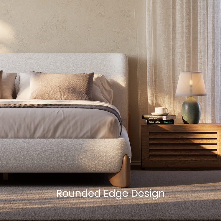 Solid Wood Leg Upholstered Bed, Queen Size Wingback Frame - Beige