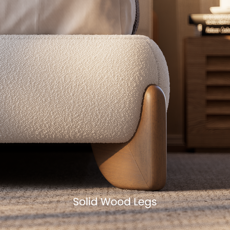 Solid Wood Leg Upholstered Bed, Queen Size Wingback Frame - Beige