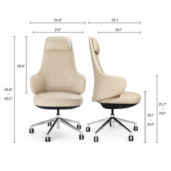 Dimension diagram showing front and side views of a beige high-back office chair with a headrest, curved armrests and a silver five-spoke base with casters.