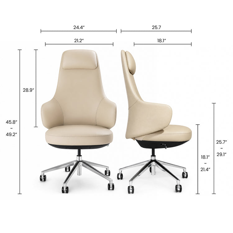 Dimension diagram showing front and side views of a beige high-back office chair with a headrest, curved armrests and a silver five-spoke base with casters.