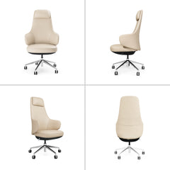 Four views of a cream-colored office chair with a tall back, padded headrest, curved armrests and a shiny five-spoke base with caster wheels.