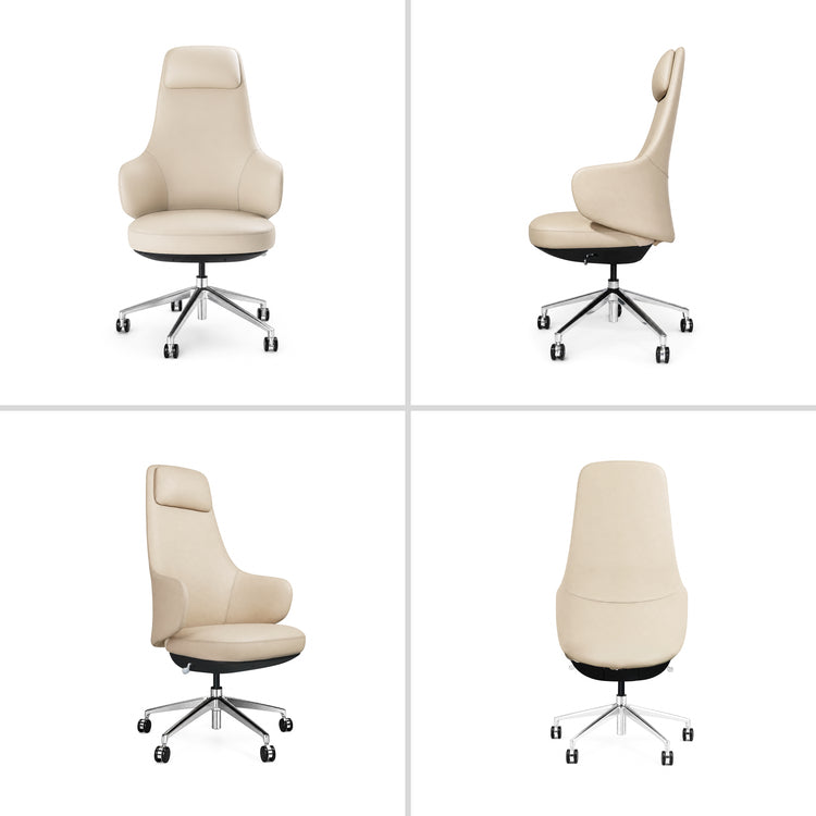 Four views of a cream-colored office chair with a tall back, padded headrest, curved armrests and a shiny five-spoke base with caster wheels.