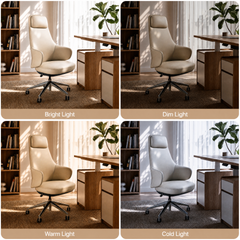 Four-panel comparison shows a padded high-back office chair with a headrest, curved arms and wheeled base beside a desk under bright, dim, warm and cold light.