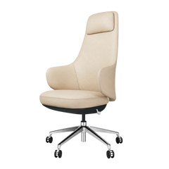 Cream upholstered office chair with a tall back and headrest, mounted on a five-spoke metal base with black caster wheels.